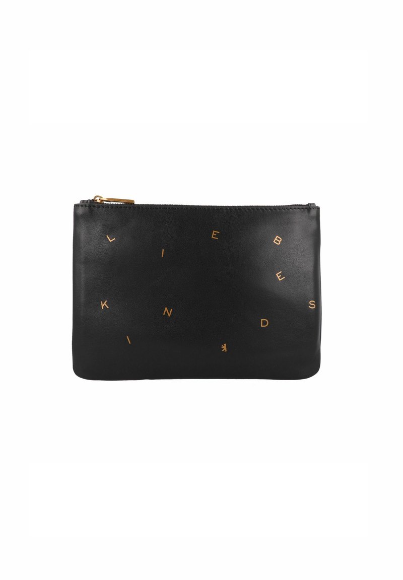Borsa in pelle nera con lettering dorato che scrive "LIEB-KINDS" sparso sulla superficie. Presenta una zip nella parte superiore per la chiusura.