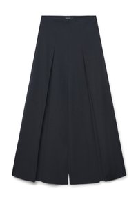 Pantaloni neri a gamba larga con pieghe e una texture liscia. Presentano una chiusura con zip e un'etichetta interna con il marchio "Calliope".