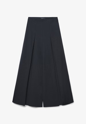 Schwarze, weit geschnittene Hose mit Bügelfalten und glatter Textur. Verfügt über einen Reißverschluss und ein innenliegendes Etikett mit der Marke "Calliope."