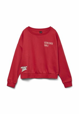Röd kortärmad sweatshirt i mjukt tyg, med vit text "ETABLERAD 1986//" på framsidan och en broderad "Michigan State"-logotyp.
