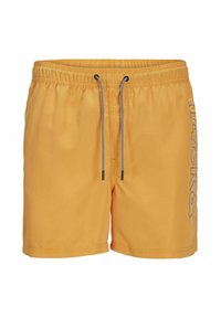 Bañador de color naranja brillante con cintura ajustable mediante cordón, que presenta un logo lateral en gris. La tela es suave y ligera.