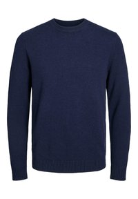 Maglione a maniche lunghe blu navy con collo a giro e polsini e orlo a coste, presentato su uno sfondo bianco semplice.