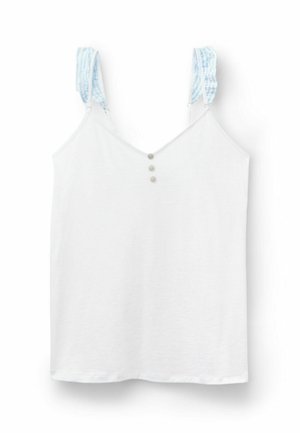 Top blanco sin mangas con tres pequeños botones en la parte delantera y tirantes con volantes a rayas en azul claro y blanco.