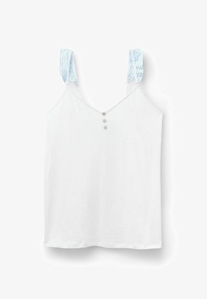 Top blanco sin mangas con tres pequeños botones en la parte delantera y tirantes con volantes a rayas en azul claro y blanco.