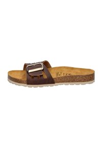 Brown leather slide sandal with a wide strap featuring a metal buckle and cut-out accents; cork footbed and lightweight white sole.