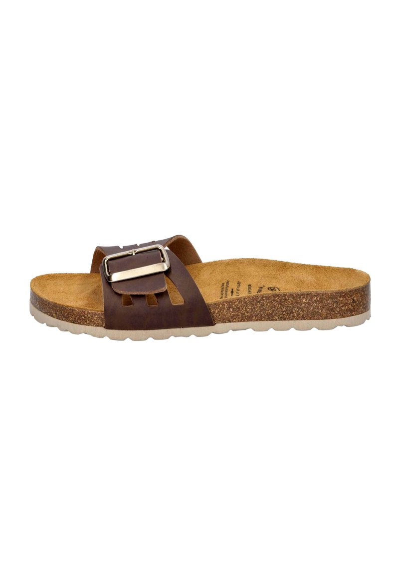 Brown leather slide sandal with a wide strap featuring a metal buckle and cut-out accents; cork footbed and lightweight white sole.