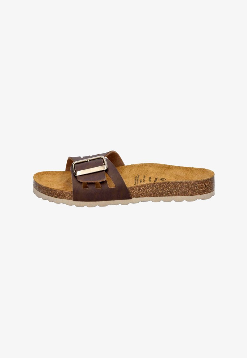 Brown leather slide sandal with a wide strap featuring a metal buckle and cut-out accents; cork footbed and lightweight white sole.