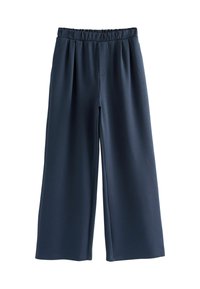Pantaloni largi de marină cu talie elastică, realizați dintr-un material ușor, având o textură netedă și un design pliat pe partea din față.