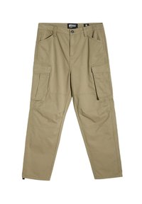 Beżowe spodnie cargo z wytrzymałego materiału, z wieloma dużymi kieszeniami, z suwakowym zapięciem i prostym krojem nogawek, z wzmocnionymi szwami.