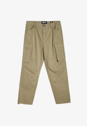 Beżowe spodnie cargo z wytrzymałego materiału, z wieloma dużymi kieszeniami, z suwakowym zapięciem i prostym krojem nogawek, z wzmocnionymi szwami.