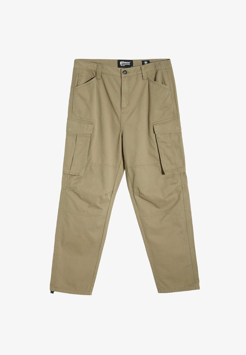 Beżowe spodnie cargo z wytrzymałego materiału, z wieloma dużymi kieszeniami, z suwakowym zapięciem i prostym krojem nogawek, z wzmocnionymi szwami.
