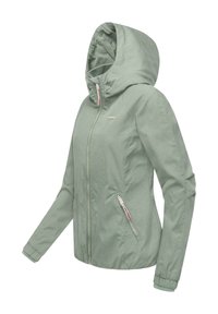 Jasnozielona kurtka z kapturem wykonana z teksturowanej tkaniny, z przednim zamkiem błyskawicznym, dwoma bocznymi kieszeniami z różowymi akcentami oraz elastycznymi mankietami.