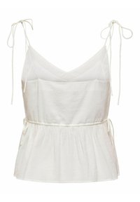 Blouse blanche sans manches avec bretelles à nouer, décolleté en V et taille froncée créant une silhouette peplum.
