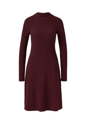 Abito a maglia ribbed bordeaux con scollatura alta, maniche lunghe e silhouette svasata, che offre un aspetto testurizzato.
