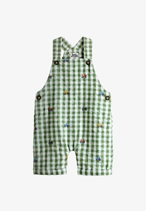 Žaliai ir baltai languoti kombinezonai mažyliams su mažomis išsiuvinėtomis traktorių detalėmis ir rudi mygtukai ant petnešų bei šonų.