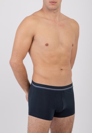 Boxer aderenti in cotone blu scuro, con un design fitted, caratterizzati da una cintura grigia a contrasto e dettagli di cucitura sottili.
