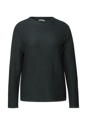 Mørkegrøn sweater, lange ærmer, rund hals, ribbet tekstur og en afslappet pasform. Glat stof og minimalisk design uden udsmykninger.