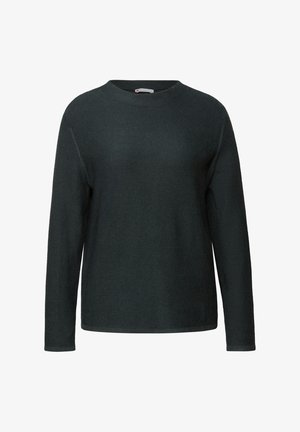 Tumma vihreä neule, pitkät hihat, pyöreä kaula-aukko, ribbitekstuuri ja rento malli. Sujuva kangas ja minimalistinen muotoilu ilman koristeita.