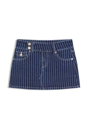 Denim miniskørt med lodrette hvide striber, to forlommer og guldfarvede knapper på en smal talje. Tekstureret stof.