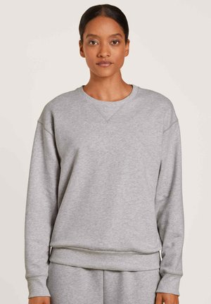 Grijze sweatshirt gemaakt van zacht materiaal, met een ronde hals, ribgebreide cuffs en onderrand, en een relaxte pasvorm met een textuurontwerp.