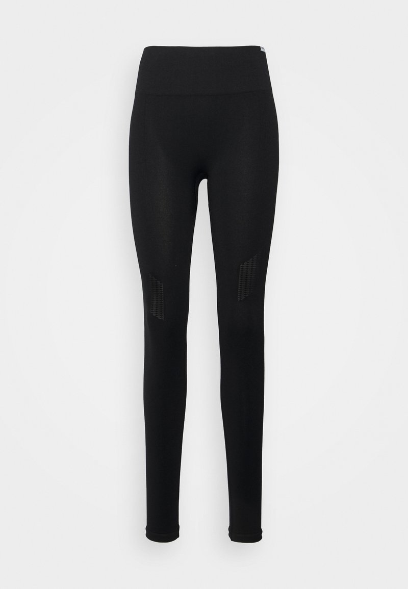 Black athletic leggings with a high waistband, made of stretchy material. Features cutouts on the sides with a textured pattern.