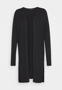 Black long-sleeve open-front cardigan with ribbed cuffs and side slits, displayed against a white background.