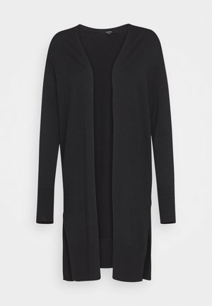 Černý cardigan s dlouhými rukávy a otevřeným předním dílem, s žebrovanými manžetami a postranními rozparky, umístěný na bílém pozadí.