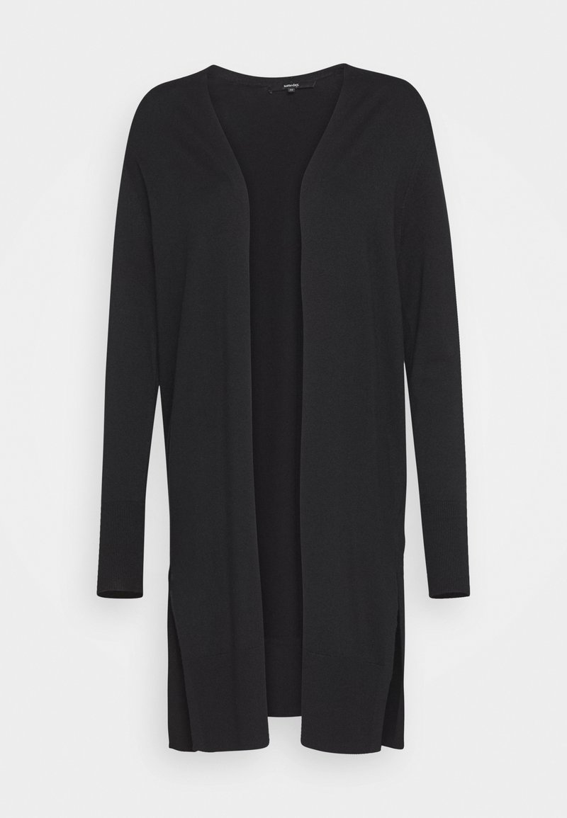 Black long-sleeve open-front cardigan with ribbed cuffs and side slits, displayed against a white background.