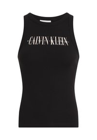 Canottiera nera a coste con scollo tondo e un logo grafico "CALVIN KLEIN" in un colore chiaro a contrasto sulla parte anteriore.