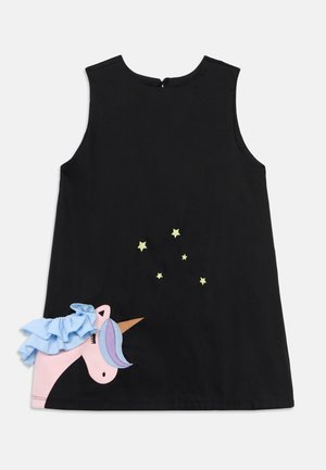 Black sleeveless dress with a pink unicorn applique featuring a blue ruffled mane and embroidered yellow stars on the front bottom left.