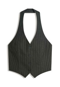 Tmavě šedý pruhovaný veston s halter krkem, V-čelním tvarem a pěti knoflíky. Obsahuje vertikální proužky a řezaný siluetu.