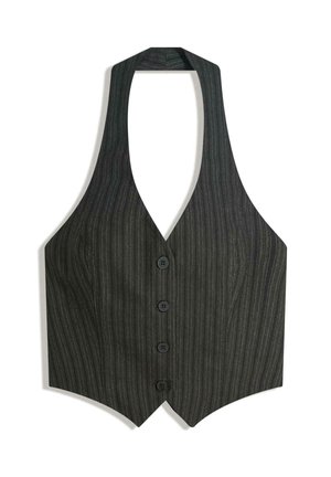 Dark gray striped waistcoat with a halter neck, V-shaped front, and five buttons. Features vertical pinstripes and a tailored silhouette.