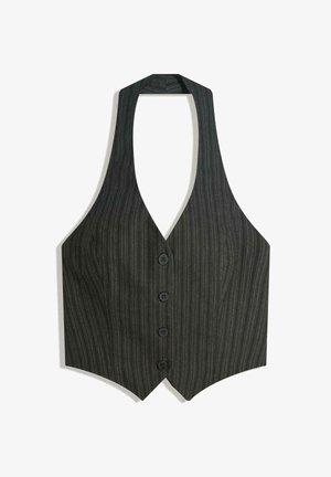 Dark gray striped waistcoat with a halter neck, V-shaped front, and five buttons. Features vertical pinstripes and a tailored silhouette.