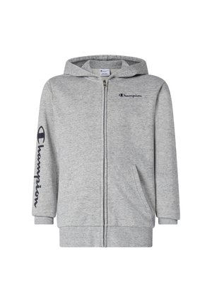 Lichtgrijze hoodie met rits, voorzakken, capuchon en zwart Champion-logo op de borst en linker mouw.