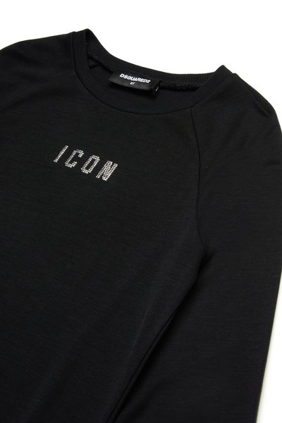 Czarna koszula z długim rękawem, wykonana z gładkiego materiału, z okrągłym dekoltem i ozdobami z kamieni rhinestone, tworzącymi napis "ICON" na środku.