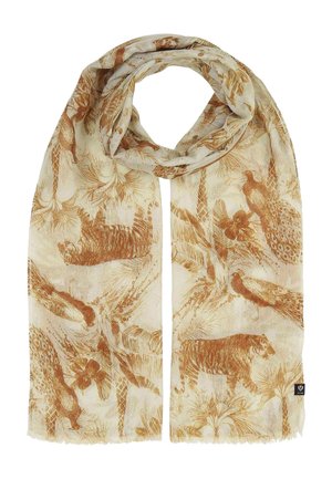 Light beige scarf with brown detailed prints of tigers, peacocks, tropical leaves, and flowers.