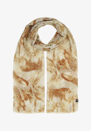 Light beige scarf with brown detailed prints of tigers, peacocks, tropical leaves, and flowers.
