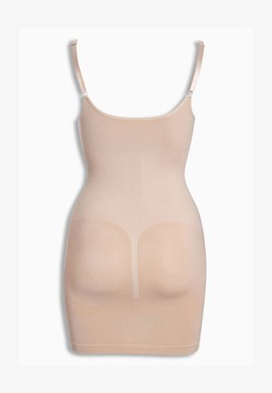 Slip modellante beige senza cuciture con spalline sottili regolabili, progettato per una silhouette liscia e il contorno dei glutei.