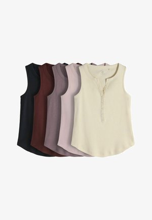 Topuri henley fără mâneci, cu model în dungi, în negru, maro, mauve, roz deschis și crem, așezate suprapus unul lângă altul.