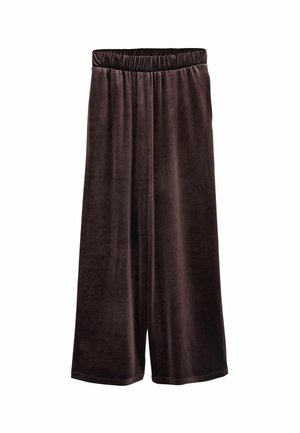 Bruna sammetsculotter med elastisk midja, vida ben och mjukt material, med en subtil lyster och utan synliga mönster eller detaljer.