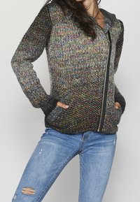 Gebreide hoodie-jack in gekleurd garen met een zwarte ritssluiting, zijzakken en geribde boorden. Heeft een gestructureerd materiaal en een relaxte pasvorm.