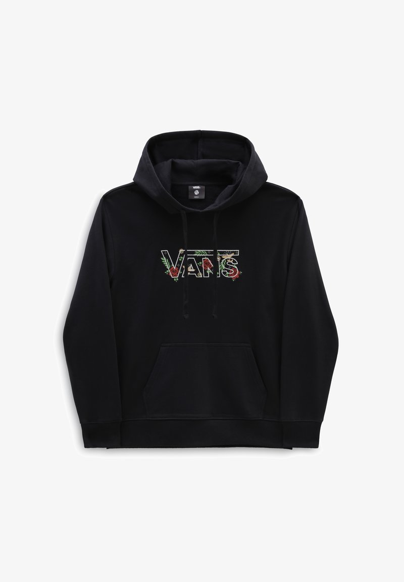 Sweat à capuche noir avec poche frontale et logo "VANS" à motif fleuri sur la poitrine.