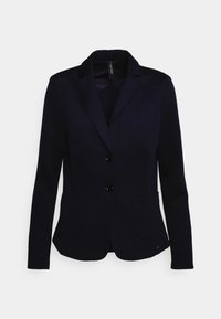 Blazer blu navy realizzato in tessuto liscio, con colletto a revers, due tasche frontali e due bottoni neri per la chiusura.
