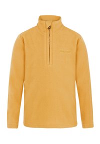 Pullover in pile giallo con colletto a zip quarti, caratterizzato da una superficie texturizzata e un piccolo logo sul petto. Maniche lunghe con orlo dritto.