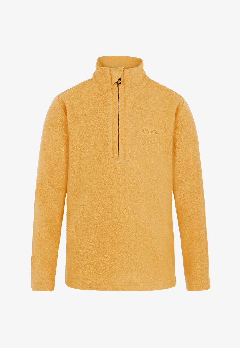 Pullover in pile giallo con colletto a zip quarti, caratterizzato da una superficie texturizzata e un piccolo logo sul petto. Maniche lunghe con orlo dritto.