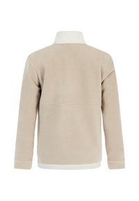 Beige fleece jasje gezien vanuit de achterkant met lange mouwen en een contrasterende witte kraag en zoom.