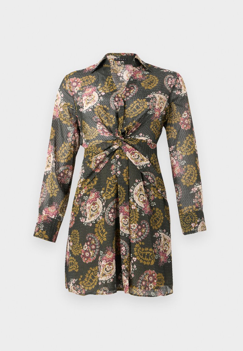 Langärmliges Kleid aus dunkelgrüner Stoff mit blumigen und Paisley-Mustern in Pink und Gelb, mit gebundenem Taillenbereich und Knopfkragen.
