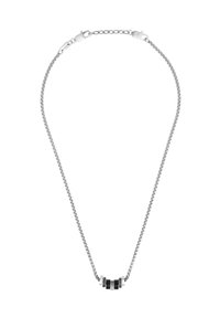 Silberkettenhalskette mit drei Perlen in Schwarz und Silber. Die Perlen haben unterschiedliche Texturen und Formen und verfügen über einen sicheren Verschluss.