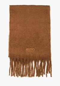 Bruine wollen sjaal met franjes aan de uiteinden en een zachte textuur. Beschikt over een geborduurd "estro" logo in een bijpassende kleur. Rechthoekige vorm.