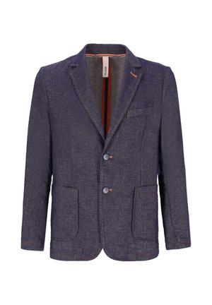 Blazer da uomo blu scuro con due bottoni anteriori, rever a lancia, due tasche a patta e taschino sul petto, realizzato in tessuto testurizzato.
